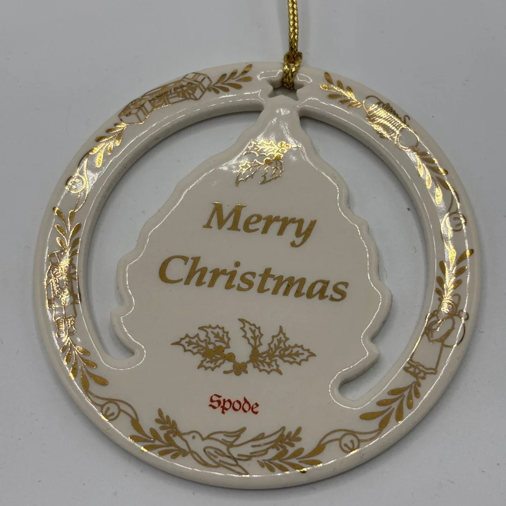 Vintage 1990s Spode Christmas Tree Ornament Ceramic Round Cutout Gold Trim Box